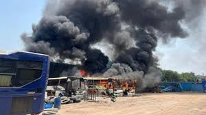 Massive fire, Indore ,parking lot, accident ,during welding, 5 buses, burnt ashes